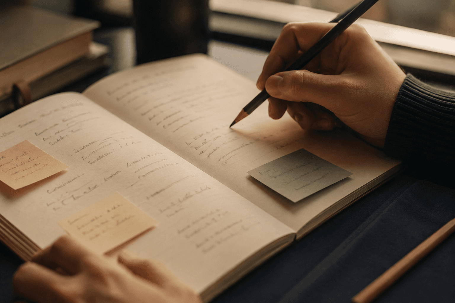 Hands over a warm notebook with sticky notes and a pencil, thinking a plan through
