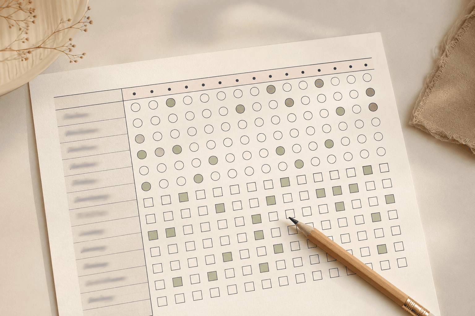 A printable habit tracker grid with some cells filled sage green