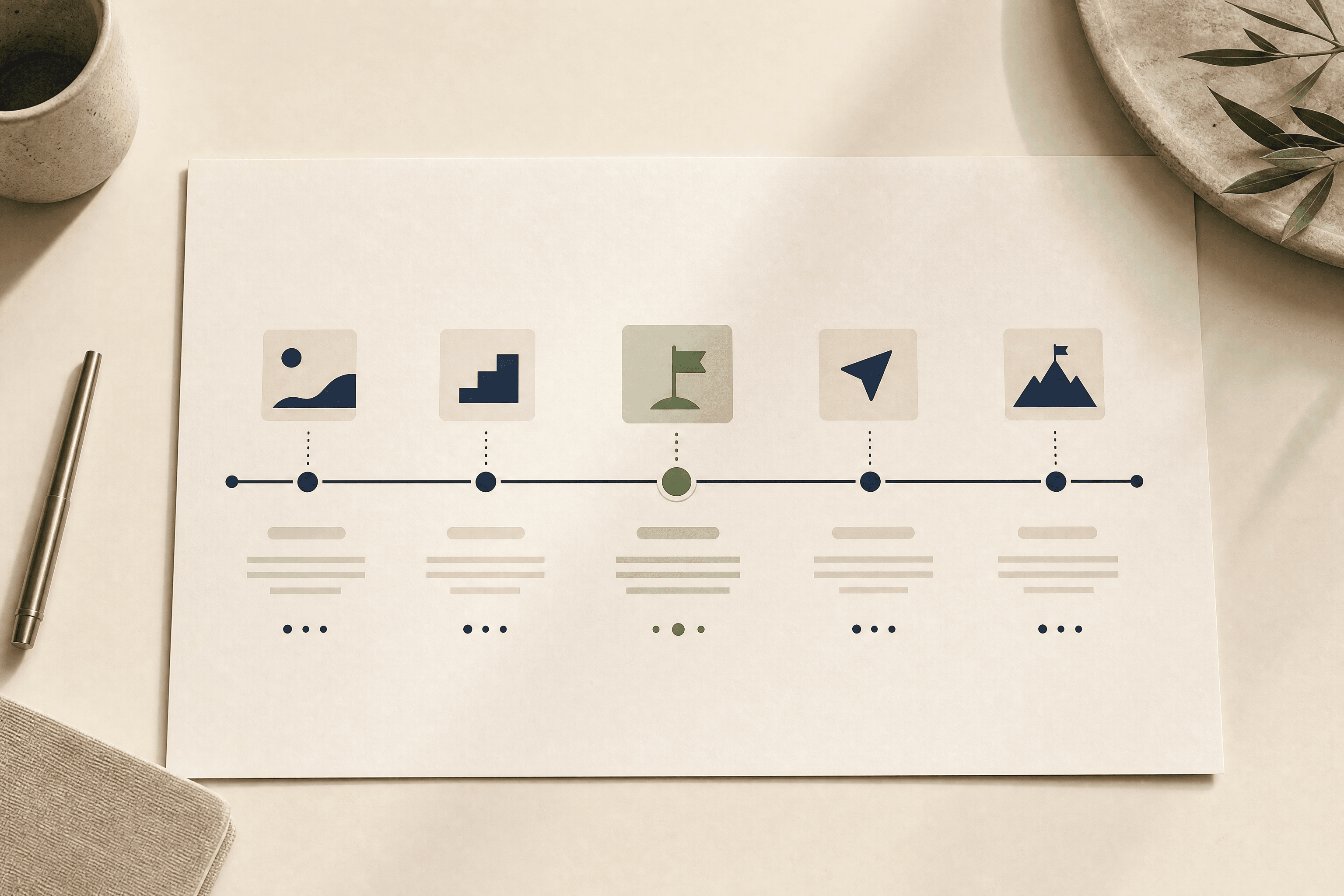 A printed roadmap of milestone dots and blocks along a timeline on a cream desk