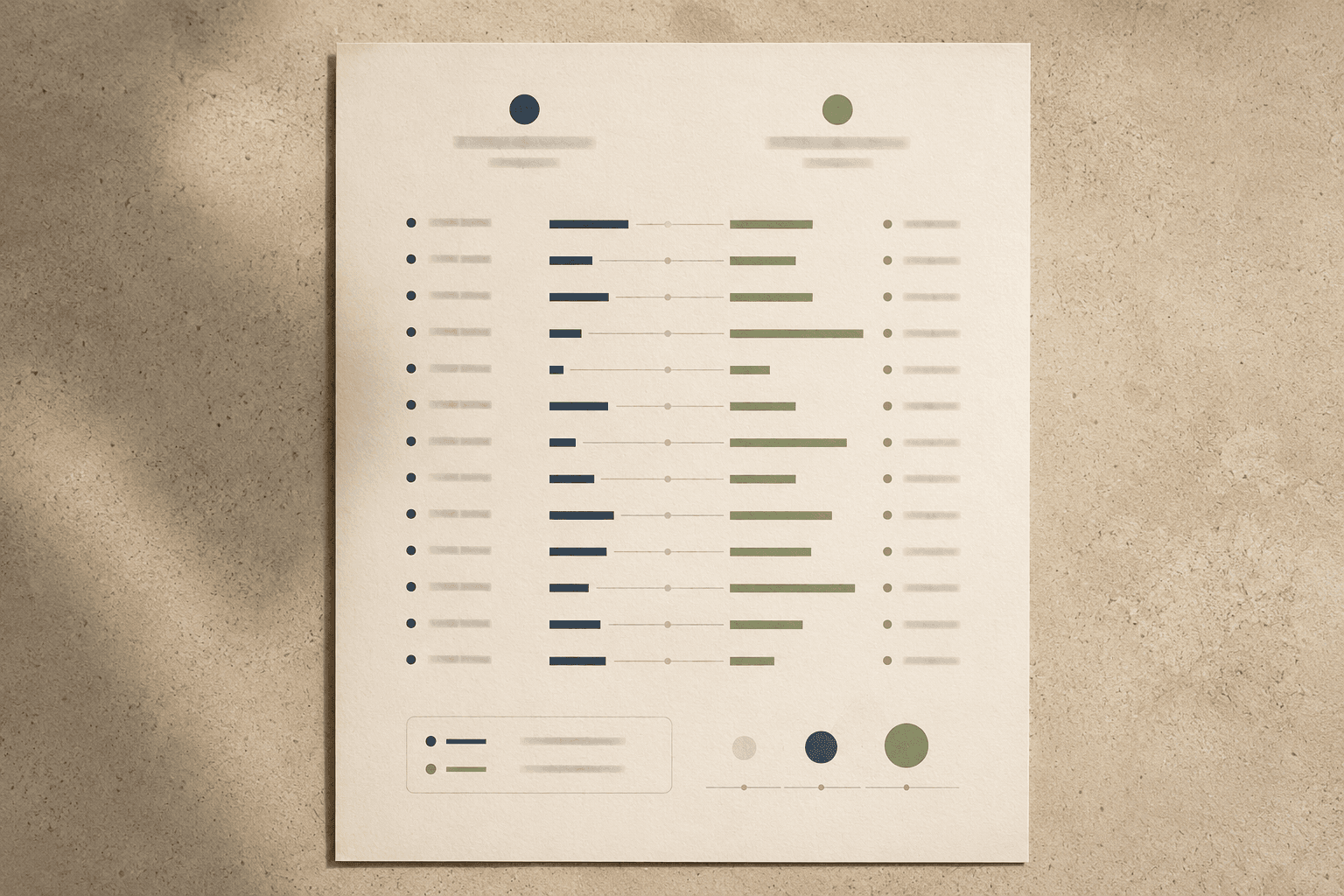 A printed comparison chart of dots and bars mapping current versus target skills