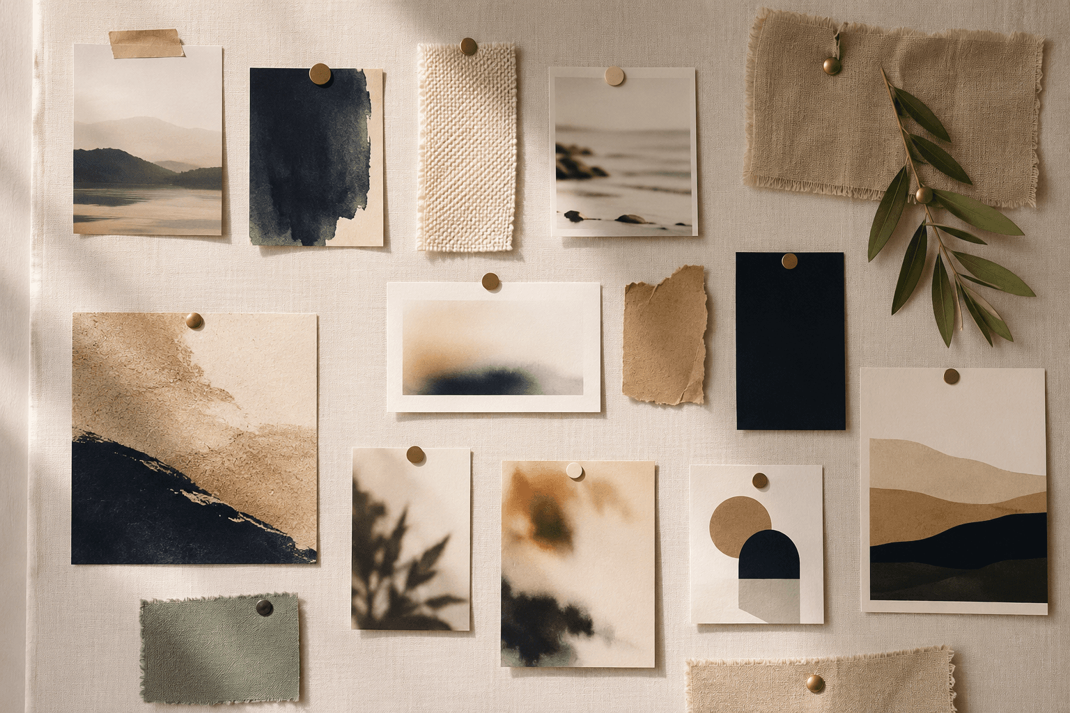 A calm mood board of abstract landscape scraps, swatches and a leaf pinned on cream linen