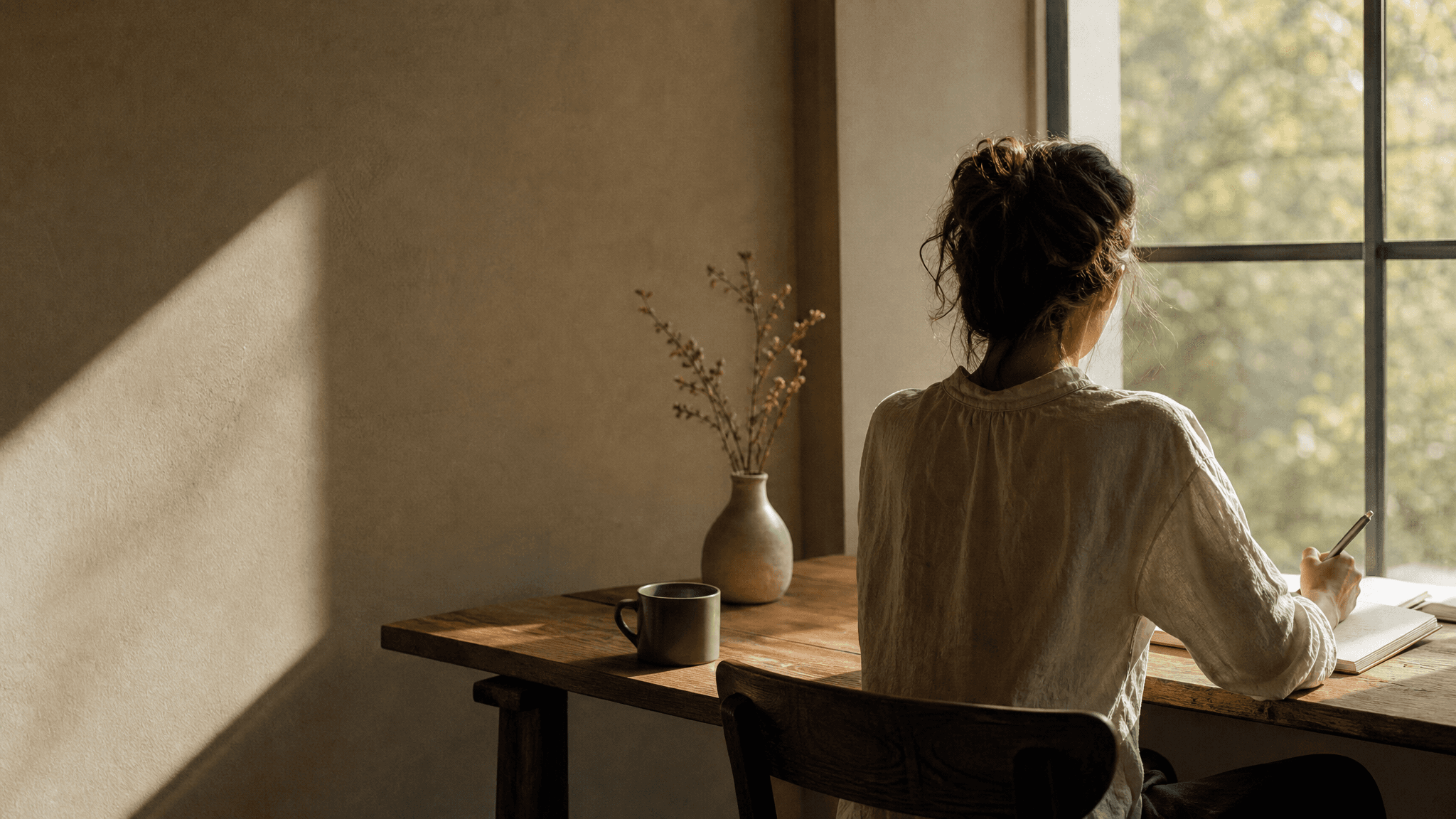 A person sitting by a window in warm morning light, quietly writing a plan in a notebook