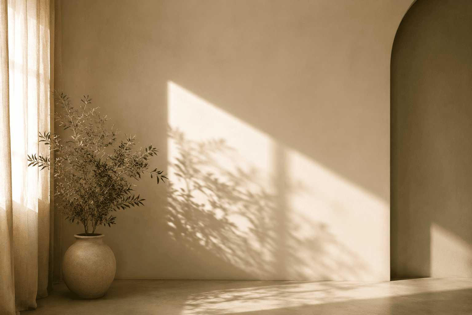Warm morning light falling across a calm empty interior with soft plant shadows