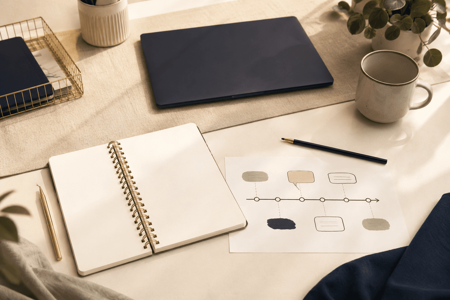 A tidy planning desk seen from above with a notebook, mug and a paper timeline sketch