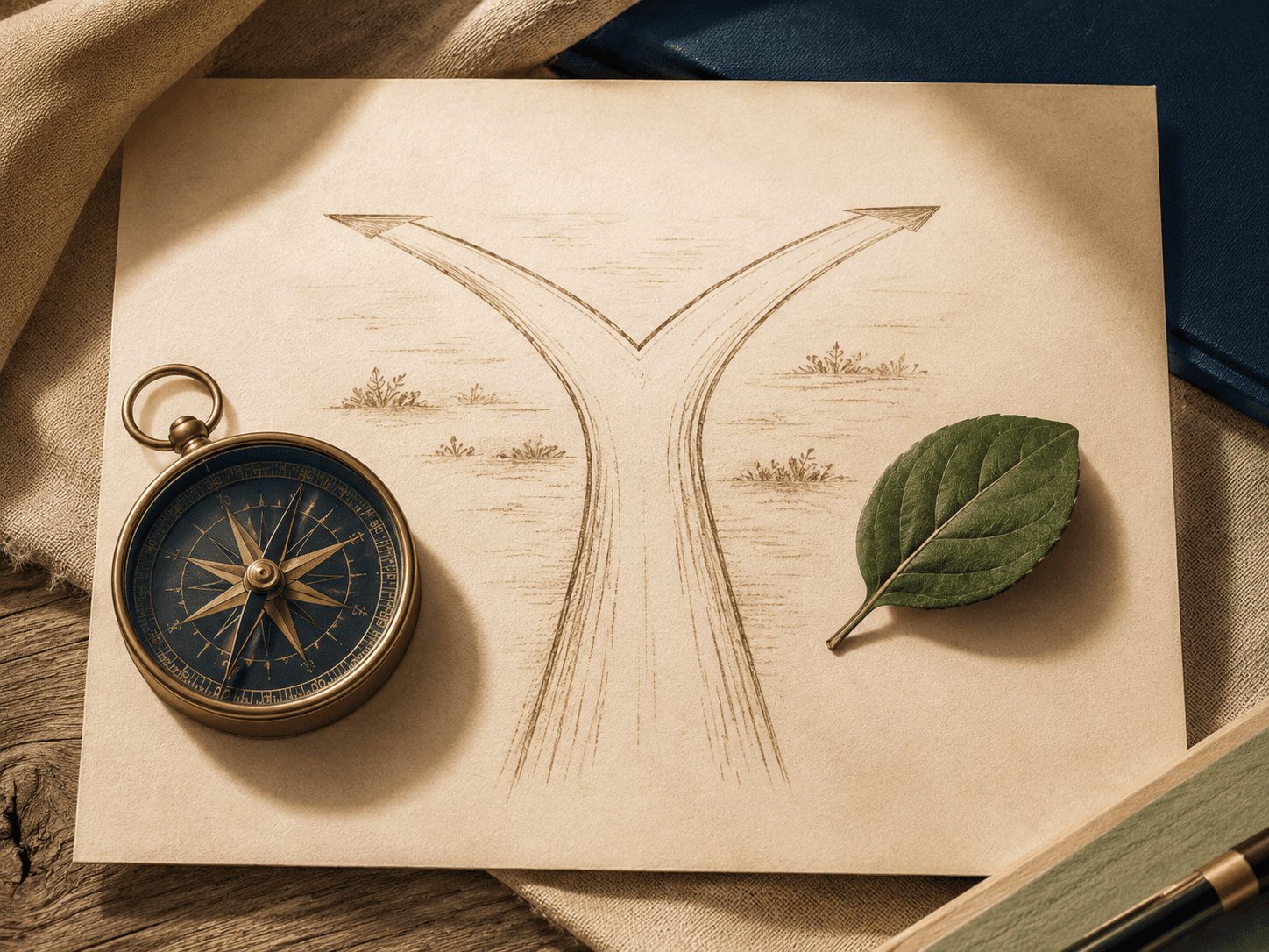 A forked path drawn on cream paper beside a compass and a leaf, symbolising a career change