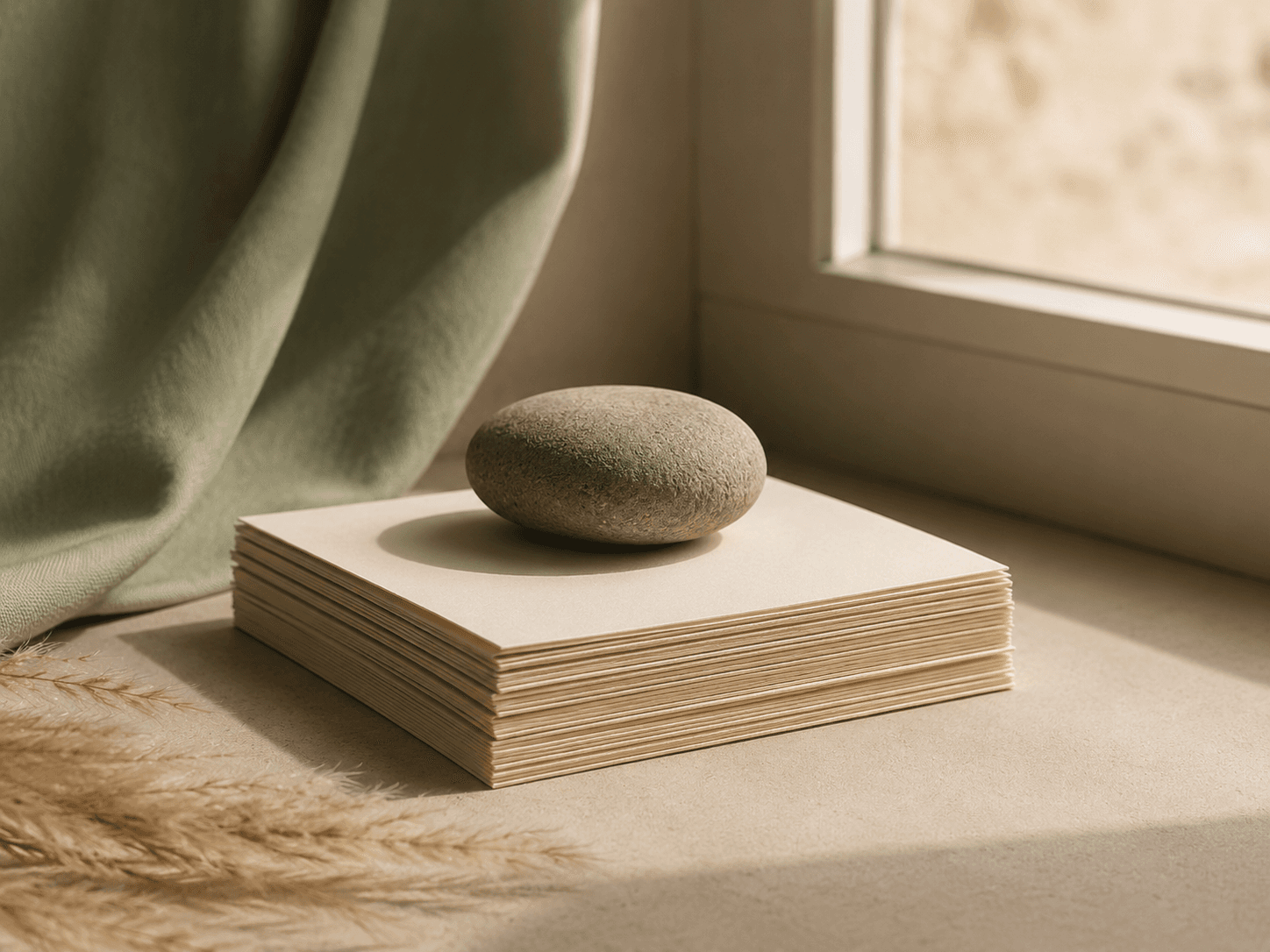 A smooth stone balanced on a stack of blank cards near a window