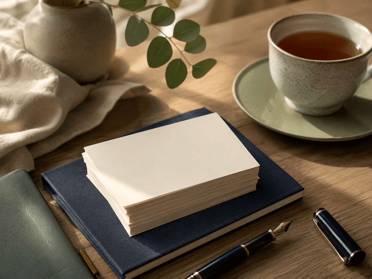A stack of blank index cards, a fountain pen and a cup of tea in morning light