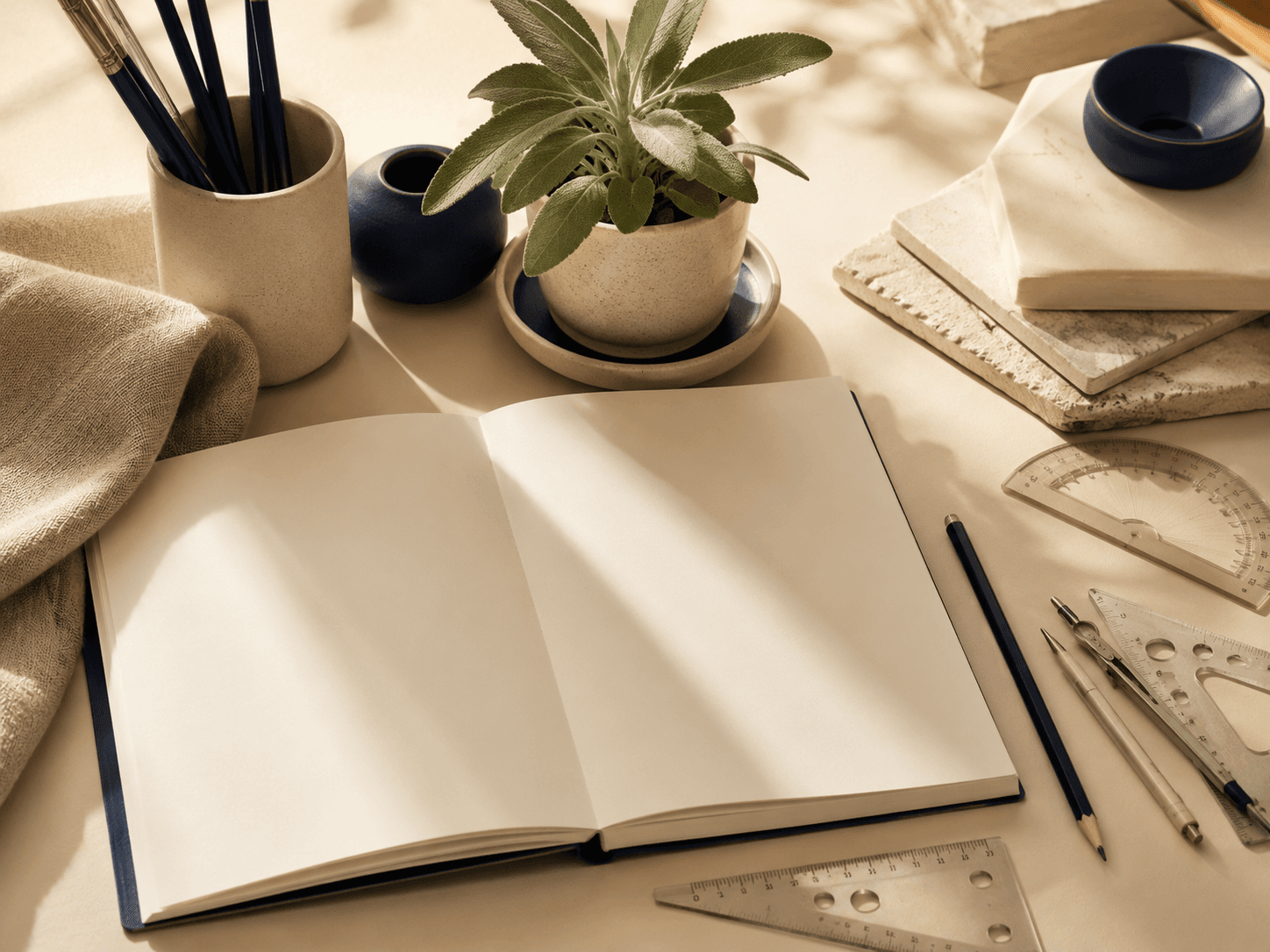 An open blank sketchbook with geometric drawing tools and a small sage plant